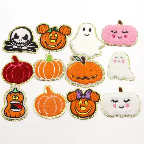 1PC Halloween Pumpkin Spirit Iron On Chenille Patches Glitter Edge Applique For T-Shirt Jeans Hat DI