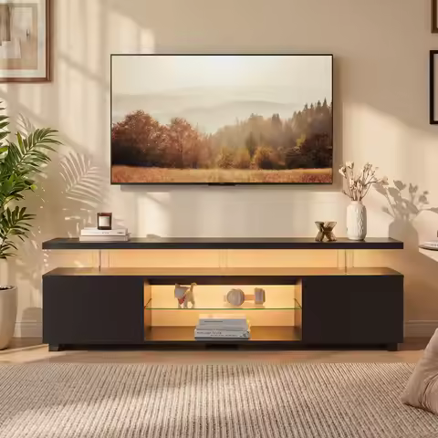 LED TV Stand for 70" TV, Entertainment Center TV Console Table with Large Side Cabinet and Open Shel