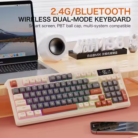 FREEWOLF M96 Wireless Dual-Mode Keyboard with Intelligent Screen,2000mAh Battery & PBT Keycaps,Compa
