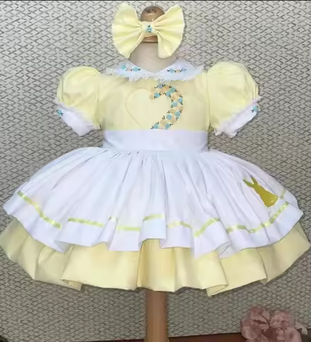 0-12Y Baby Girl Summer Yellow Handmade Rose Rabbit Embroidery Dress for Birthday Photography Baptism