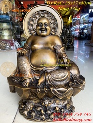 Tượng di lặc bằng đồng hun cao 40cm ngồi bệ sen có hào quang DxRxC 29x17x40cm nặng 13kg