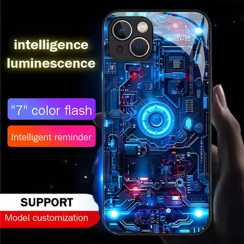 Luxury Blue Chip Pattern Luminous Glass LED Call Light Up Flash Phone Case For VIVO X70 X80 X90 X100