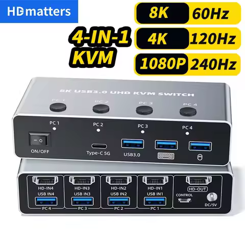 8K 60Hz HDMI 2.1 KVM Switch for 4 computers 4-port 8K HDMI 2.1 USB 3.0 KVM Switch 4K 120Hz KVM HDMI 