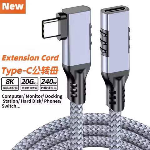 3M 5M Elbow USB C Extension Cable USB 3.2 Gen2 Male to Female Type C Extender Cord 8K 240W PD for Ma