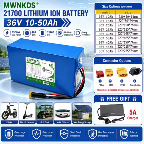 High Capacity 36V 10Ah 15Ah 20Ah 25Ah 30Ah 35Ah 40Ah 45Ah 50Ah Lithium Ion Battery Pack 21700 Rechar
