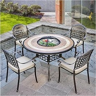 Outdoor Fire Pit Garden Grill Table - Wood Burning Fire Pit, BBQ Party Restaurant Table And Chair Set-with 4 Chairs, Outdoor Coffee Table，122cm/48"