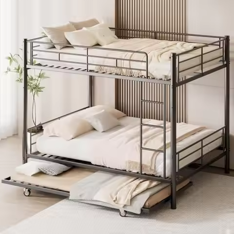 Full Over Full Bunk Bed with Trundle, Heavy Duty Metal Bunk Bed Frame with Full-Length Guardrails & 