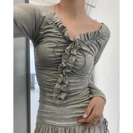 DUNEA DUNEA Korean Lace Up Bow Pleated Long-sleeved T-shirt