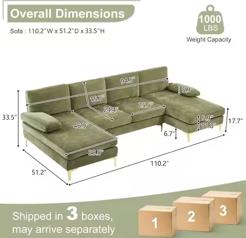 [Limited Stock, Buy Now!]Convertible Sectional Sofa 110" U-Shape Sofa Couch 4-Seat Couch with Chaise