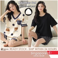 [SG] Plus Size Cotton Pajamas With Chest Pad Short Sleeve Cute Shorts Homewear Pajamas Set for Women