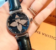 法國專櫃名牌精品 Louis Vuitton 路易威登 LV Tambour Forever GM系列 孔雀綠藏藍色 經典鑽石尖花滿鑽 石英 手錶腕錶