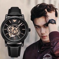 代購 新品Armani阿瑪尼手錶 黑武士皮帶錶 明星同款時尚復古鏤空機械錶 商務休閒男錶 大錶盤防水錶AR60012