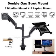 P43-2G1T 2 Double Dual Gas Strut Two Arm TV Monitor Mount and Brateck Laptop Tray D5F2 H180 FC35  27