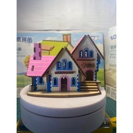 3D mini wooden house model - Pink 3-roof rural house with chimney