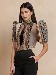 Amyenjoylife Áo filipiniana hiện đại Áo cổ đứng nối vải bán trong suốt thời trang cho nữ thiết kế cổ