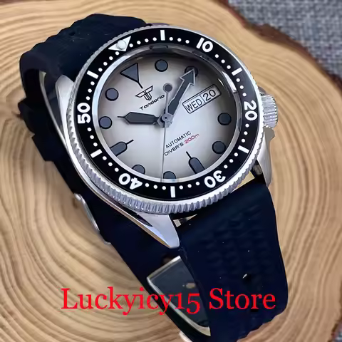 Diver 200m Tandorio 37MM Black White Watch Automatic NH36A Mechanical Men Weekend Day Display Sapphi