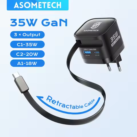 ASOMETECH 35W GaN USB C Charger with Type C Retractable Cable 3 USB PD3.0 QC3.0 PPS Fast USB Charger