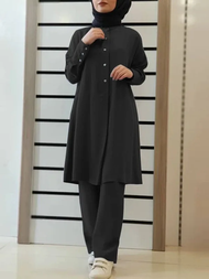 ผู้หญิงมุสลิมใหม่แฟชั่นสีทึบ 2 ชิ้นชุดหลวม Fit Casual ชุดกีฬา H728 # เสื้อผ้าผู้หญิงมัสลิน