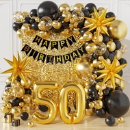 [Ready Stock] Black Gold 60th Birthday Balloon Set 50th Birthday Happy Banner Number Balloon Arch Ki