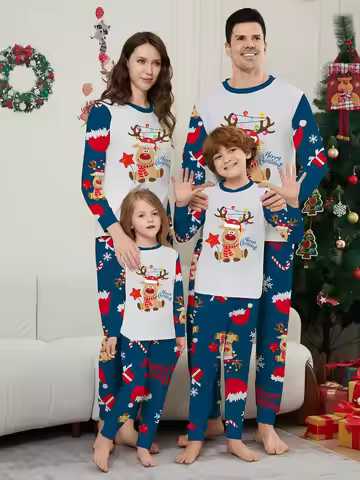 2025 New Christmas Family Matching Outfit Cute Elk Print Adults Kids 2 Pieces Suit Sleepwear Full Sl