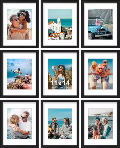 Set of 9 Shatter-Resistant 11x14 Picture Frames with Mat for 8x10 Photos, Black Engineered Wood for 