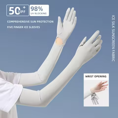 Women UPF50+ Sun Protection Arm Sleeves with Gloves Touch Screen Fingertip Flap Anti-Slip Palm Cooli