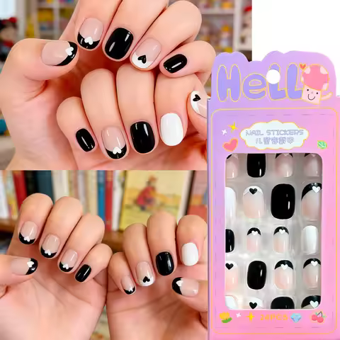24Pcs Cute Kids Black White Nude Press On Nails Short Square Heart French False Nails Y2K Style Full