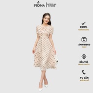 FIONA office dress with flared polka dot pattern and pleated front F413102
