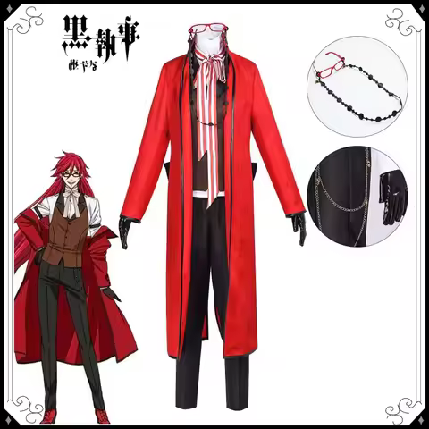 Anime Black Butler Cosplay Costumes Death Shinigami Grell Sutcliff Red Uniform Outfit Glasses Carnav