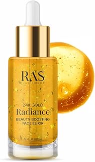 24K Gold Radiance Beauty Boosting Face Elixir, Face Serum with Organic Blend of Rosehip, Saffron and Olive Oil for Glowing Skin, Pre-Makeup Primer, Golden Glow |0.20 Fl Oz - RAS LUXURY OILS