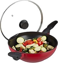 Relaxdays Wok Pan with Glass Lid, 30 cm, Wok with Non-Stick Coating, Gas &amp; Electric Hob, Handle, 4 Litres, Red/Black