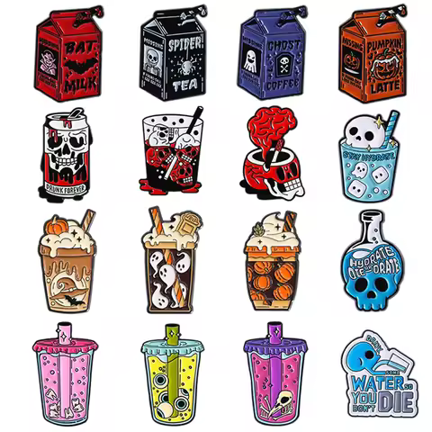 1-4Pcs/Set Halloween Punk Skeleton Juice Milk Tea Enamel Pin Bat Ghost Pumpkin Brooches Clothes Lape