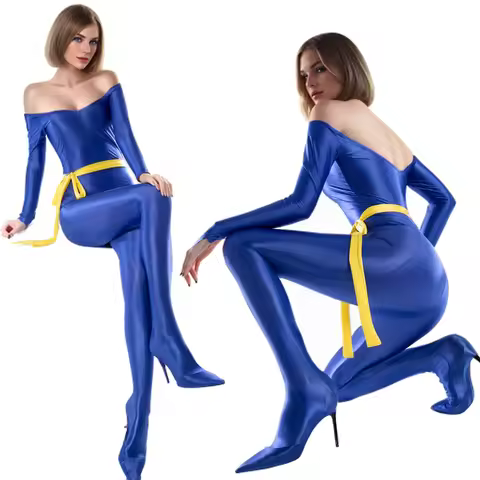 Women Oil Glossy Spandex Elastic Long Sleeve Diving Swimwear Sports Sets Bare Shoulders Jumpsuits Bo