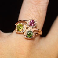 แหวนพลอยแฟนซีทัวมารีน(Fancy Tourmaline) ล้อมเพชรCZ เรือนเงินแท้ 92.5%ชุบนาก ไซด์นิ้ว 59 เบอร์9US สิน