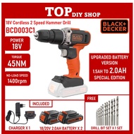 BLACK &amp; DECKER BCD003C1-B1 2 Speed Cordless Hammer Drill Driver Cordless Drill Concrete Wood Metal ( BCD003 )