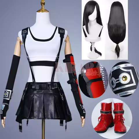 ABC123Tifa Lockhart Costume Tifa Cosplay Wig Shoes Boots for Game FF7 Women Role Play Carnival Outfi