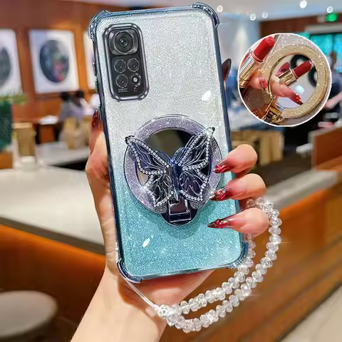 Luxury Crystal Glitter Butterfly Holder Case For Xiaomi Redmi Note 11 Pro 9 9s 10 10s 11s Pro Max 4G