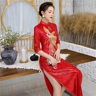 New Improved Cheongsam Mother's Red Cheongsam Watch Performance Large Size Retro Long Cheongsam Dress Elegant Dress