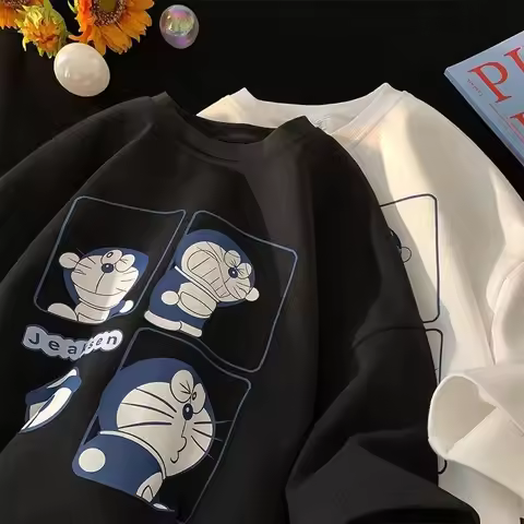 Anime Minimalist Doraemon Printed T-shirt M-8XL Fashion Summer Men's Super Large T-shirt Japanese St