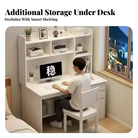 Study Desk with Hutch Minimalist Design Workstation with Hutch and Drawers Spacious Desktop Raised S