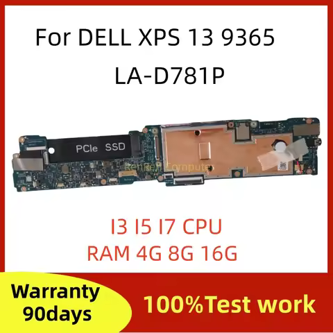 BAZ80 CAZ80 LA-D781P For DELL XPS 13 9365 Laptop Motherboard With I5-7Y54 I7-7Y75 CPU 4GB/8GB/16GB R