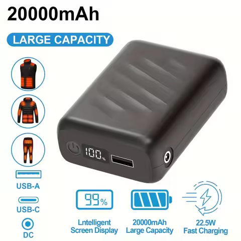 20000mAh Battery Pack for Heated Vest-5V/DC 7.4V Rechargeable Power Bank Display Fast Charging Power