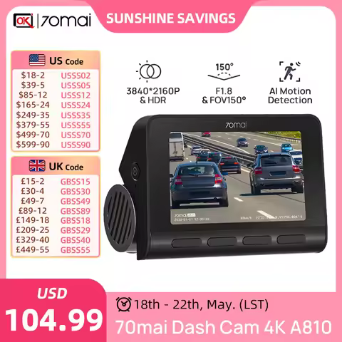 70mai Global New Cam A810 Ultra HD 4K AI Motion Detection Car DVR Support Rear or Parking Montioring