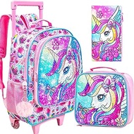 Rolling Backpack for Girls Boys, Unicorn Dinosaur Roller School Bag with Wheels, Kids Wheeled Bookbag with Lunch Box, Unicorn-piink, One Size
