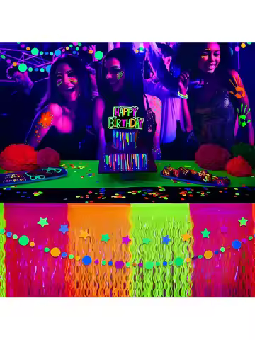 Neon Fluorescent Orange Yellow Fuchsia Wavy Metallic Tinsel Foil Fringe Table Skirts Glow in The Dar