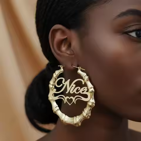 Bamboo Earrings Customized Name Earrings Custom Hoop Bamboo Style Personality Earrings With Heart-sh
