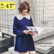 Classy Cute Lace Doll Collar Breasted A-Line Loose Slim-Fit Slimmer Look Chiffon Long Top (Blue L-3L