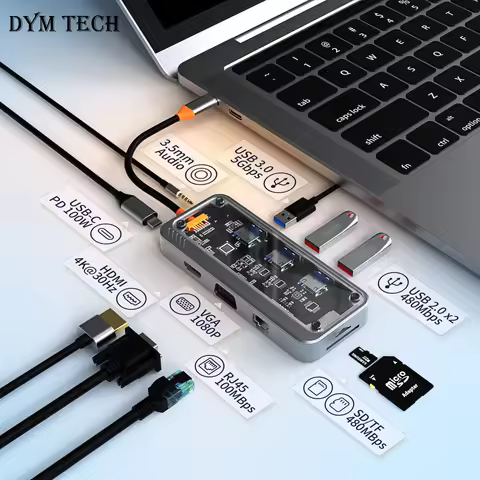 Transparent USB C HUB 1000M RJ45 Network Port PD100W Type HUB Docking Station USB Splitter Type to H