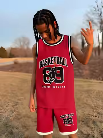 Boys and Girls Monogram Striped Edge Basketball Jersey Set Vest Plus Shorts Two-Piece Basketball Jer