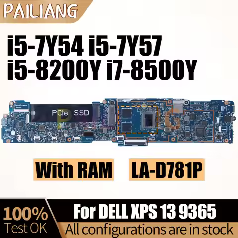 For DELL XPS 13 9365 Notebook Mainboard LA-D781P i5-7Y54 i5-7Y57 i5-8200Y i7-8500Y RAM 4G 8G Laptop 